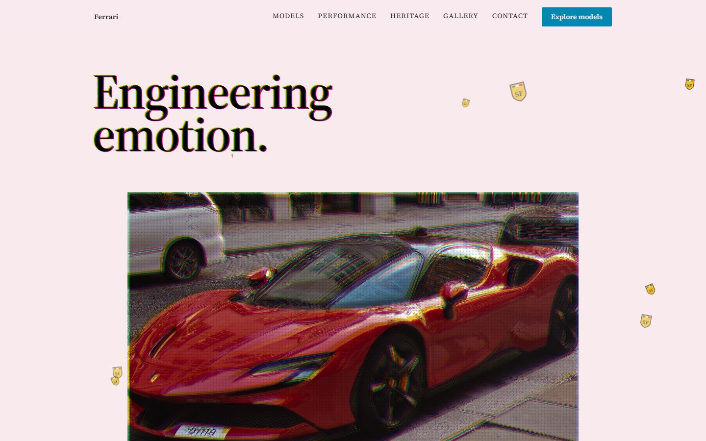 Ferrari concept page on desktop: the headline Engineering emotion set in misregistered colour plates above a halftoned photograph of a red SF90.