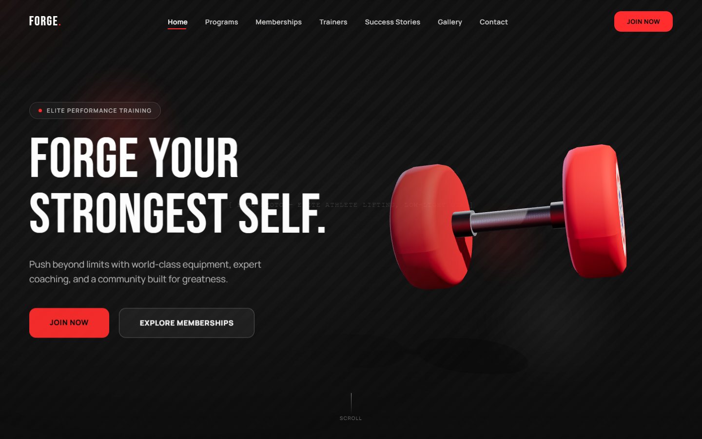 FORGE landing page on desktop: the headline Forge Your Strongest Self beside a 3D red dumbbell.