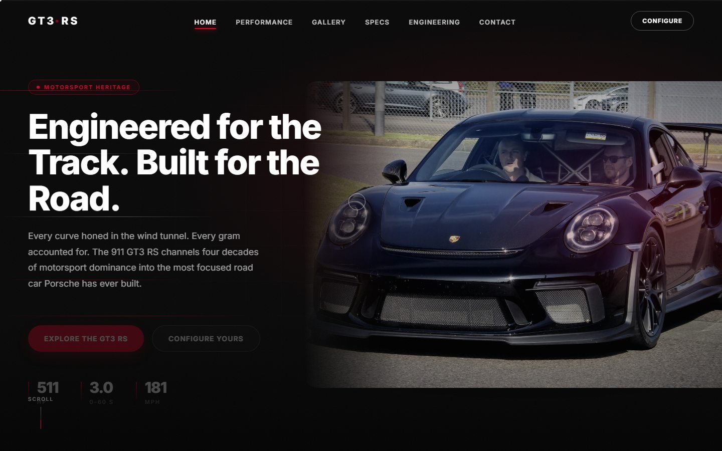 911 GT3 RS landing page on desktop: bold headline over a full-bleed photograph of a black GT3 RS on track.